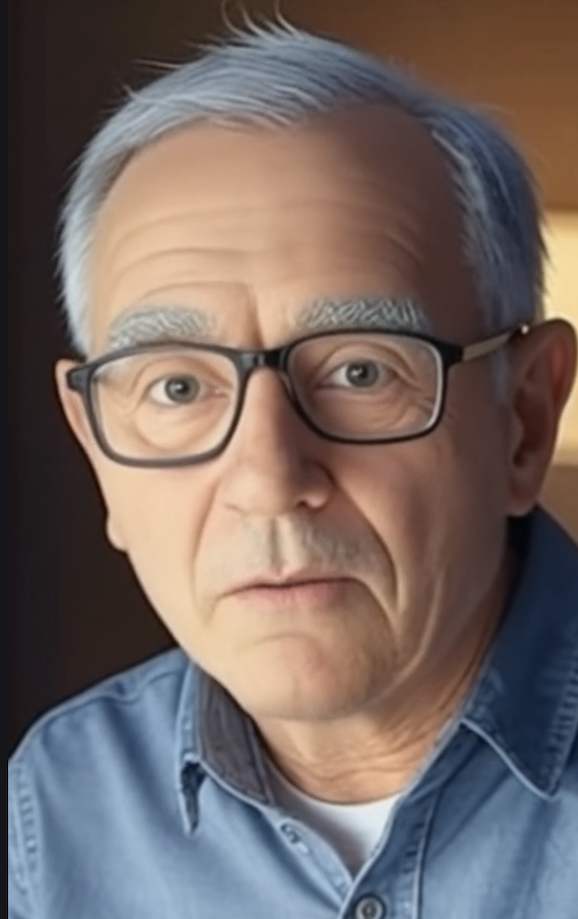 Grandpa Ted, 72-year-old AI instructor, smiling while holding EMQ tablet showing AI learning lessons for seniors over 50